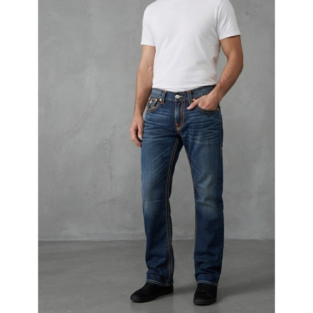 True Religion Straight Seat Dark Wash Orange Stitch Denim Jeans 40